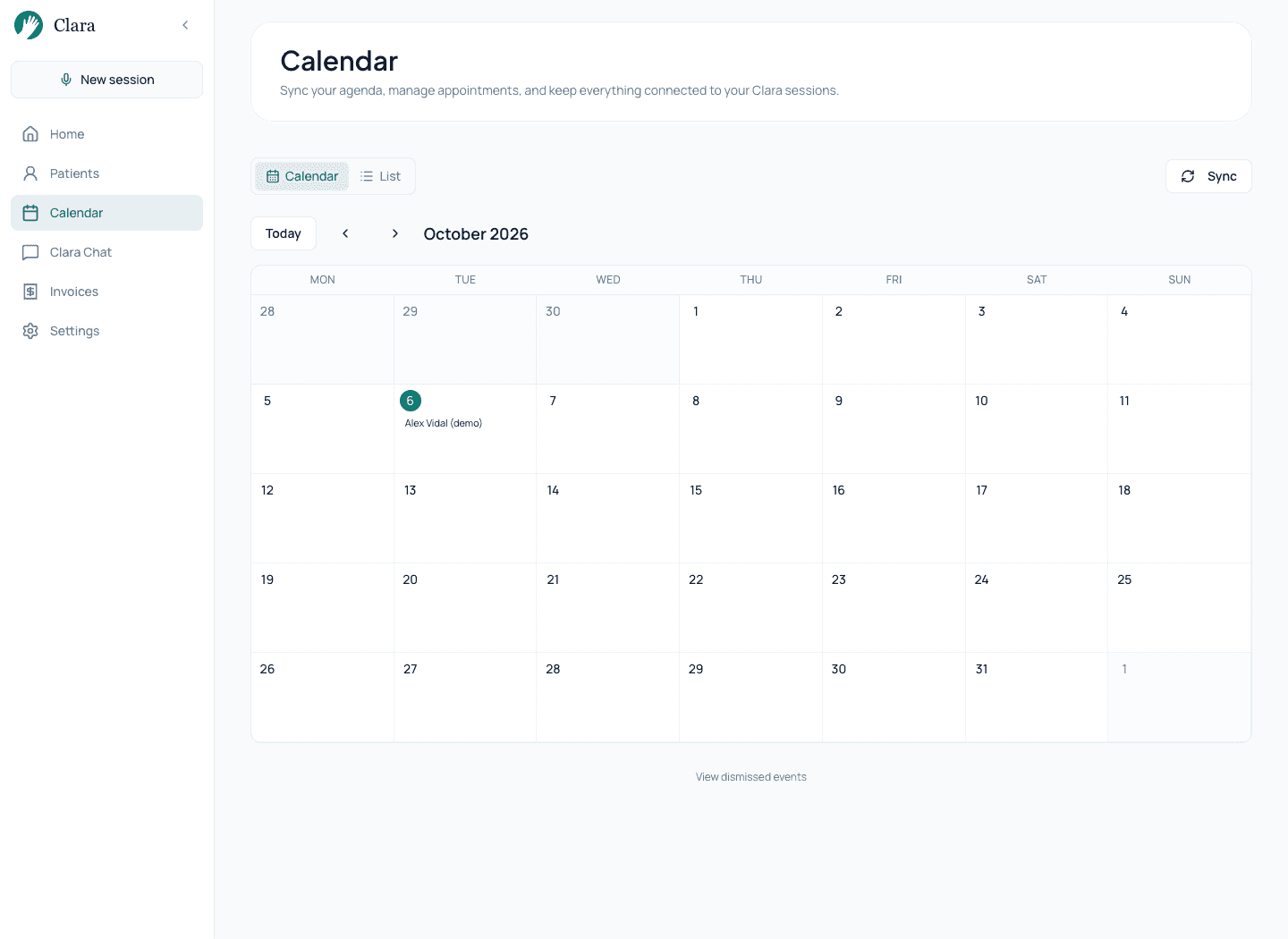 Clara calendar showing a fictional appointment.