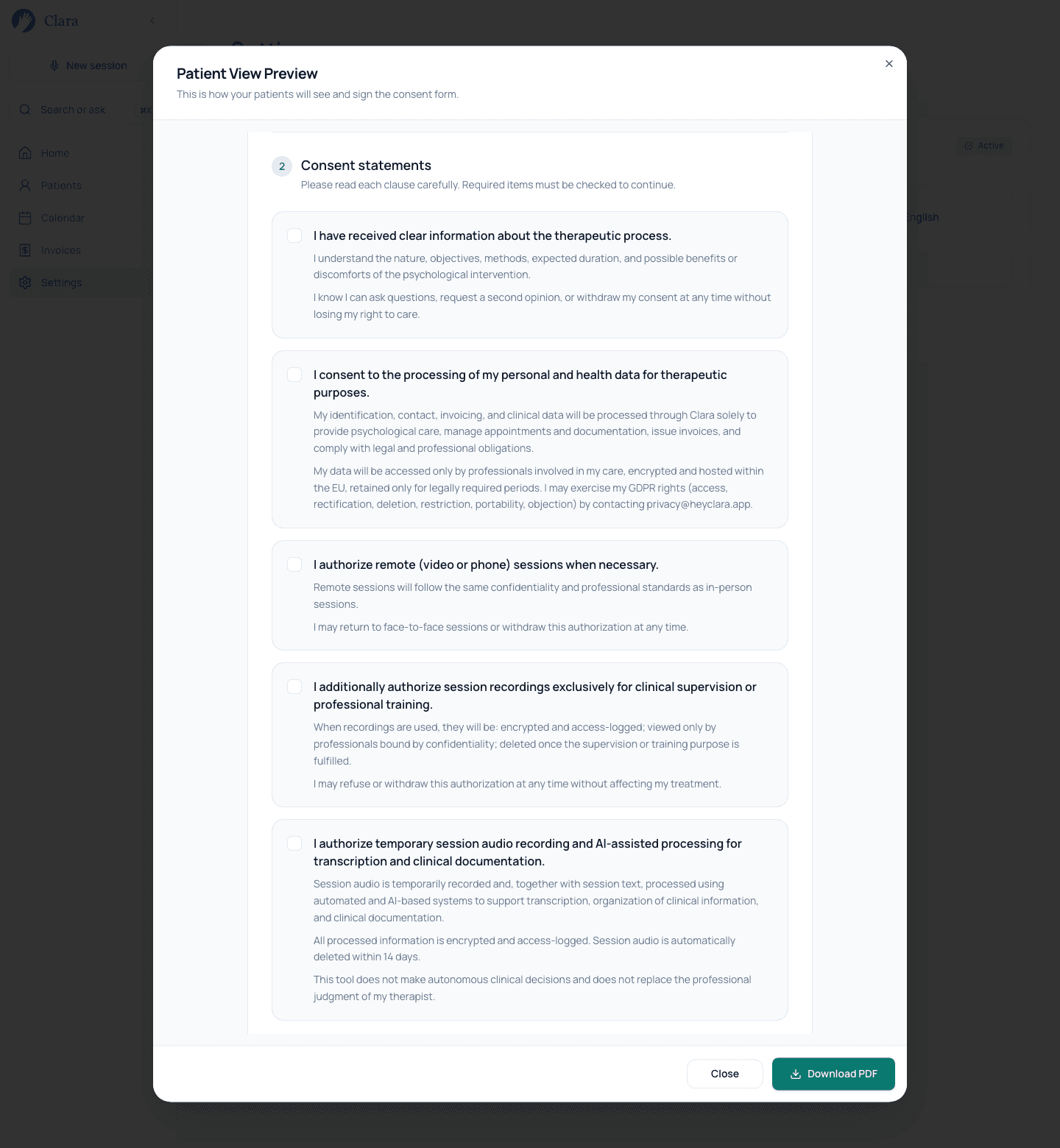 Patient view preview with the clauses of Clara's consent form.