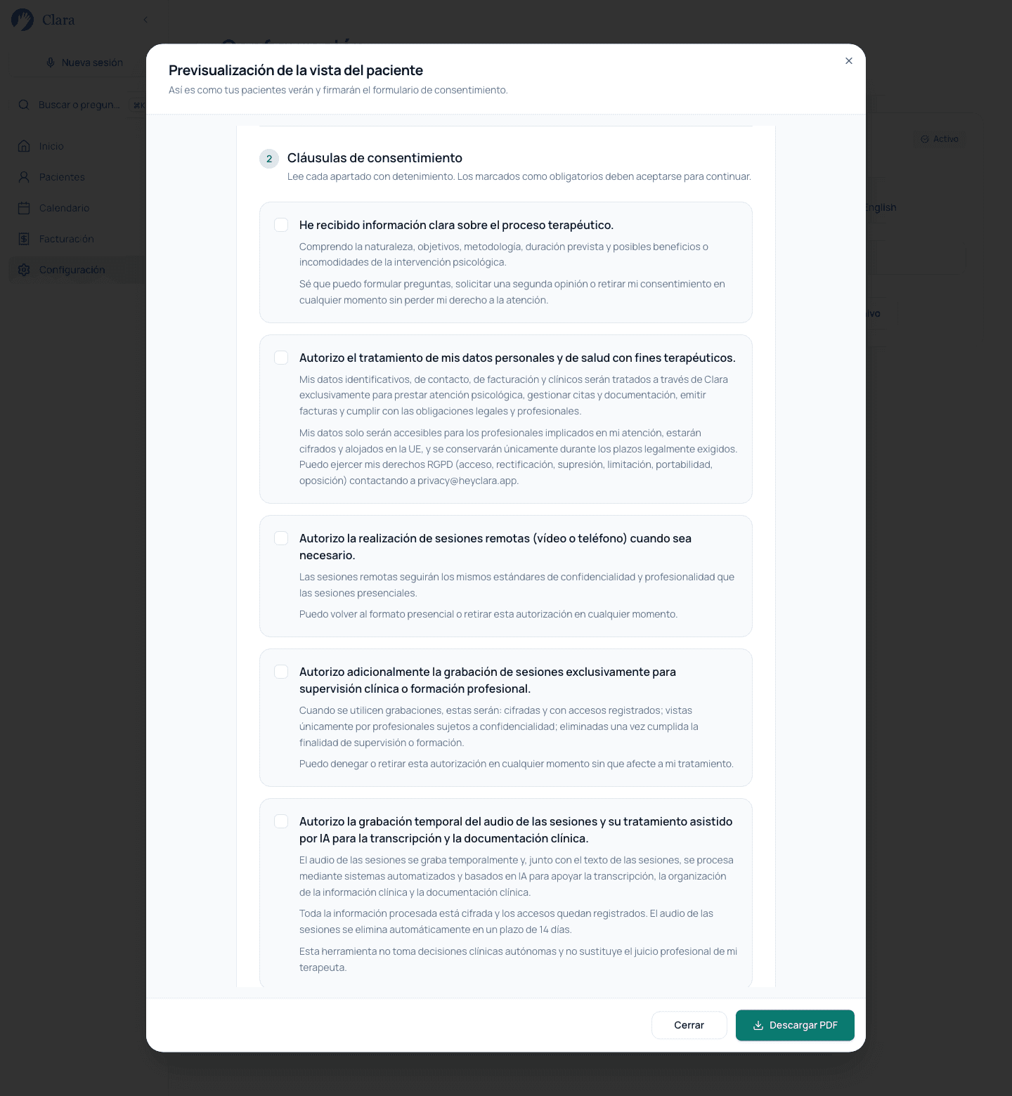 Previsualización de la vista del paciente con las cláusulas del formulario de consentimiento de Clara.