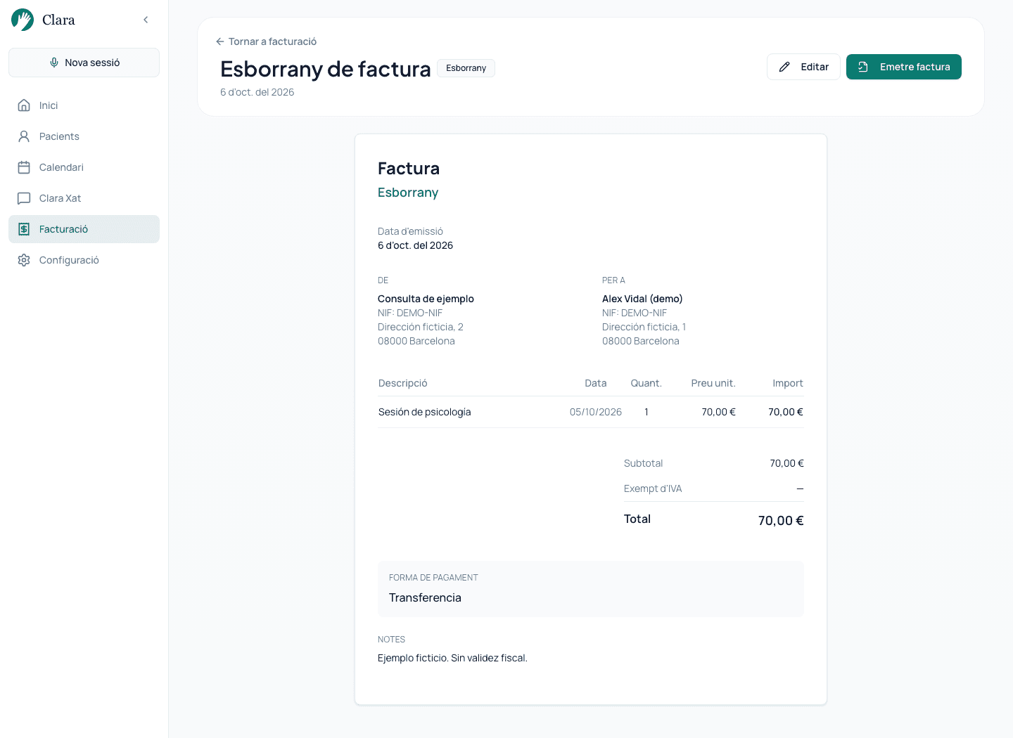 Revisió d’un esborrany de factura fictícia de 70 euros a Clara.
