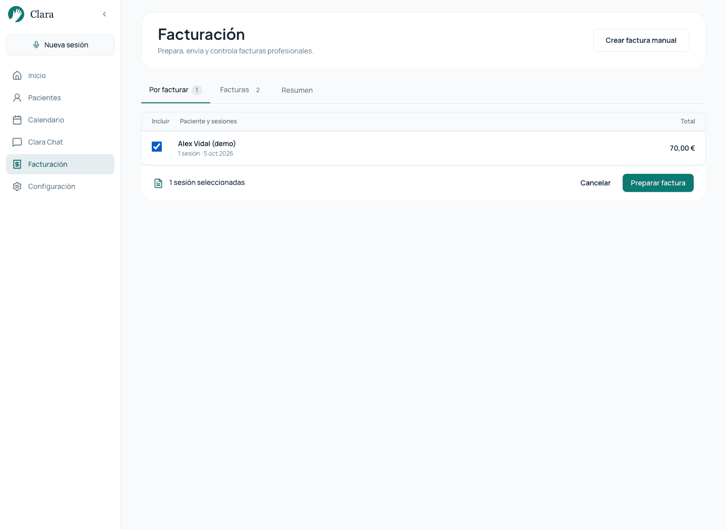 Pantalla de facturación de Clara con sesiones ficticias pendientes.