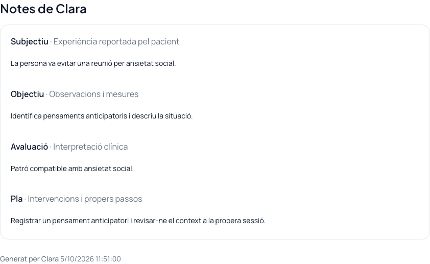 Registre d’una sessió fictícia a Clara pendent de revisió.
