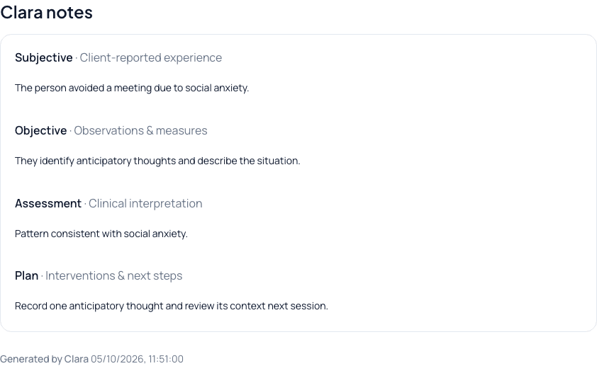 Fictional session record in Clara awaiting review.