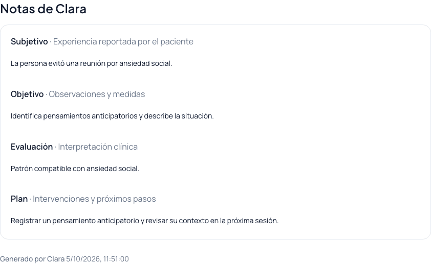 Registro de sesión ficticia en Clara pendiente de revisión.
