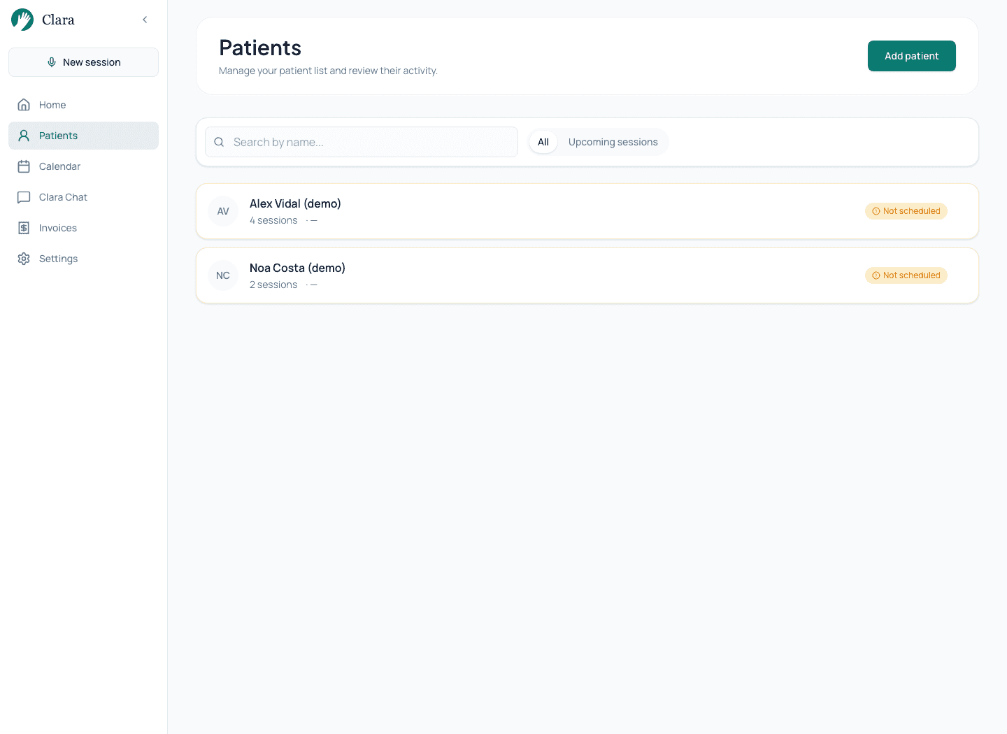 Clara patient directory with fictional people Alex and Noa.