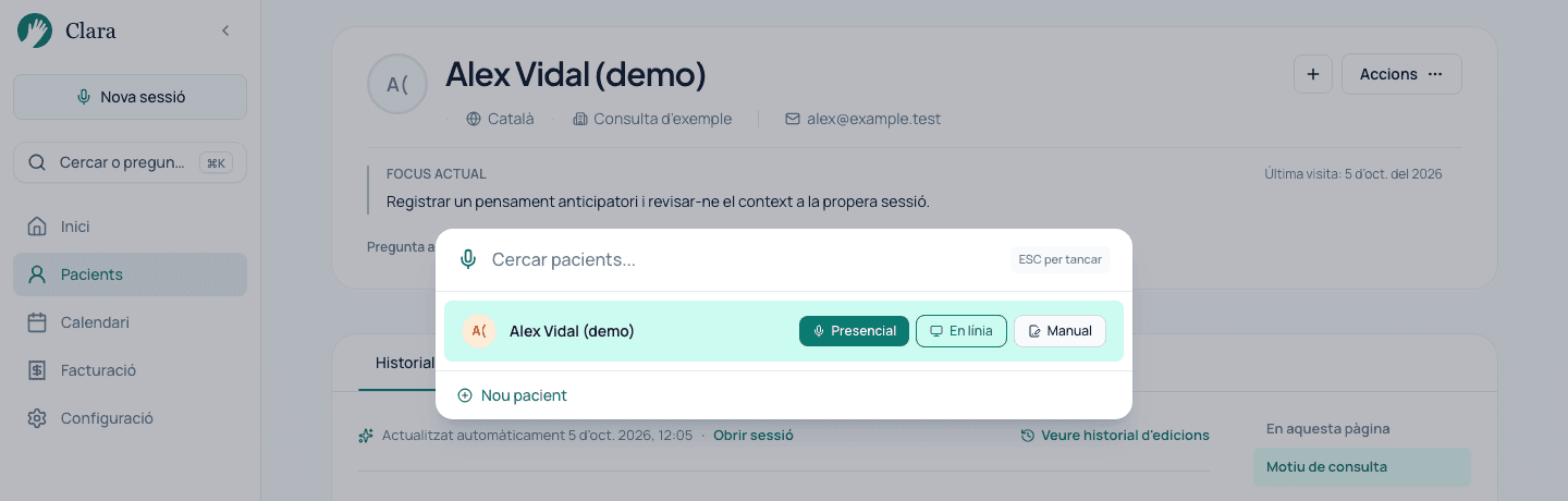 Paleta Nova sessió amb Alex Vidal, pacient fictici, i les opcions presencial, en línia i manual.