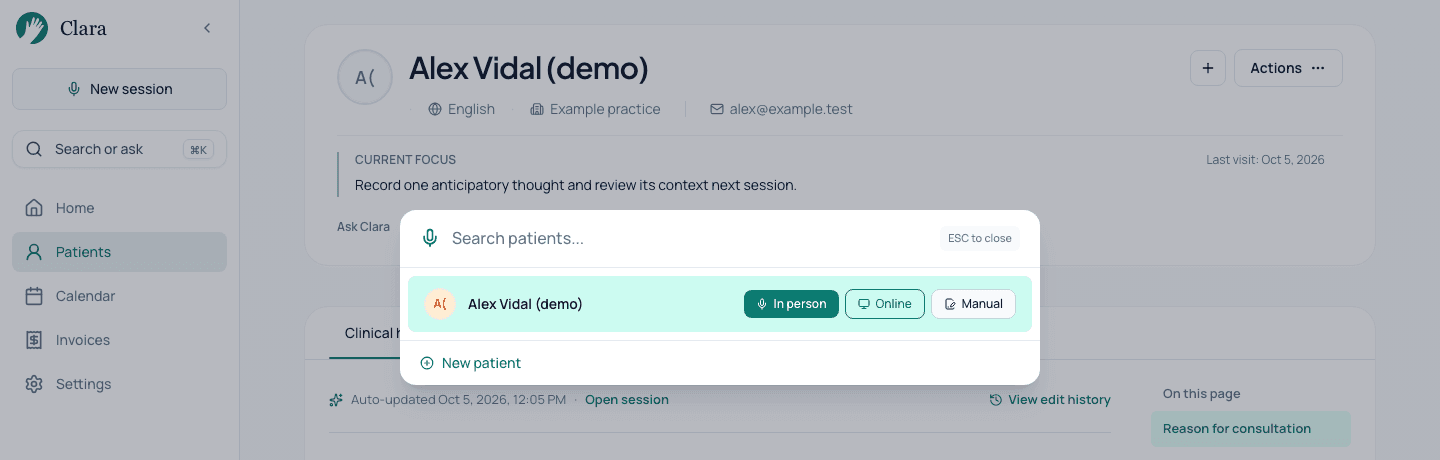 New session palette with Alex Vidal, a fictional client, and the In person, Online and Manual options.