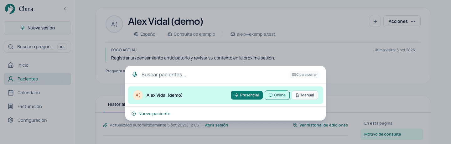 Paleta Nueva sesión con Alex Vidal, paciente ficticio, y las opciones Presencial, Online y Manual.