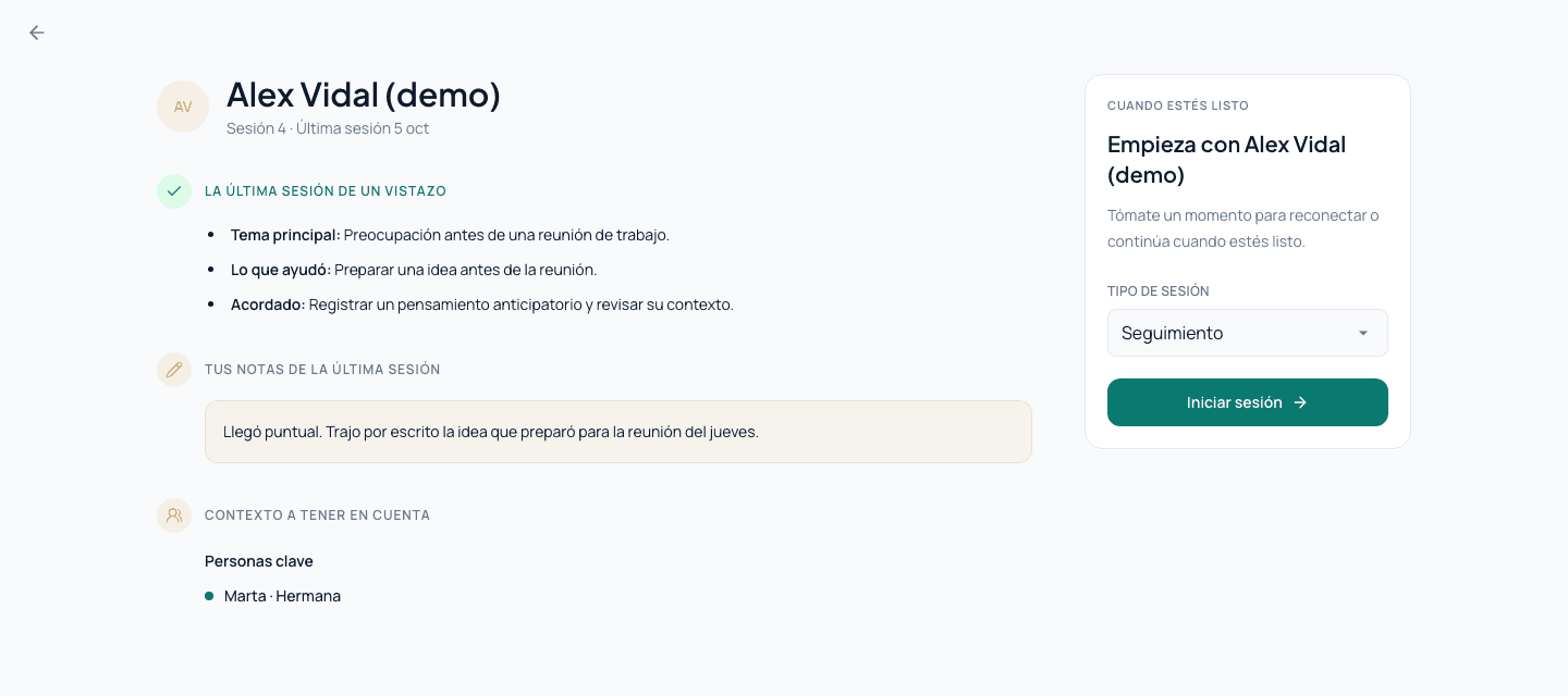 Pantalla previa a la sesión con el resumen de la última sesión, tus notas y las personas clave de Alex Vidal, paciente ficticio.