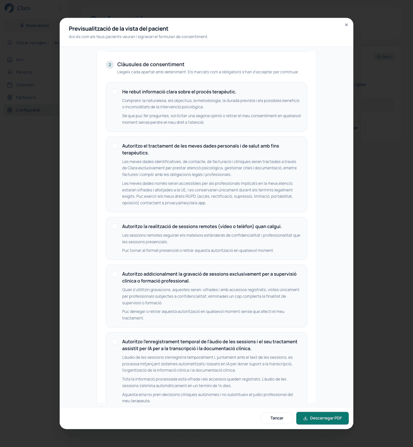 Previsualització de la vista del pacient amb les clàusules del formulari de consentiment de Clara.