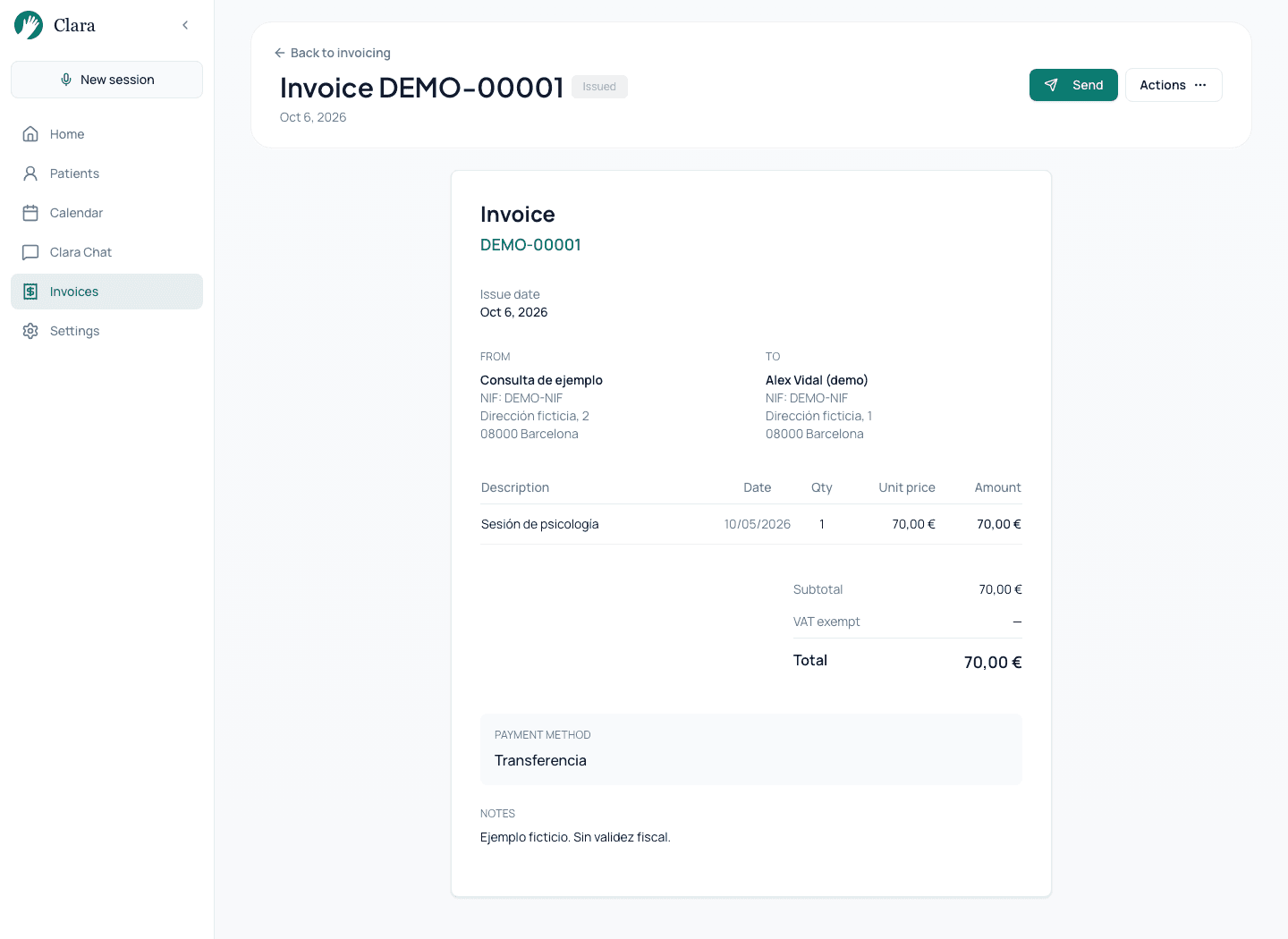 Fictional issued invoice in Clara numbered DEMO-00001.