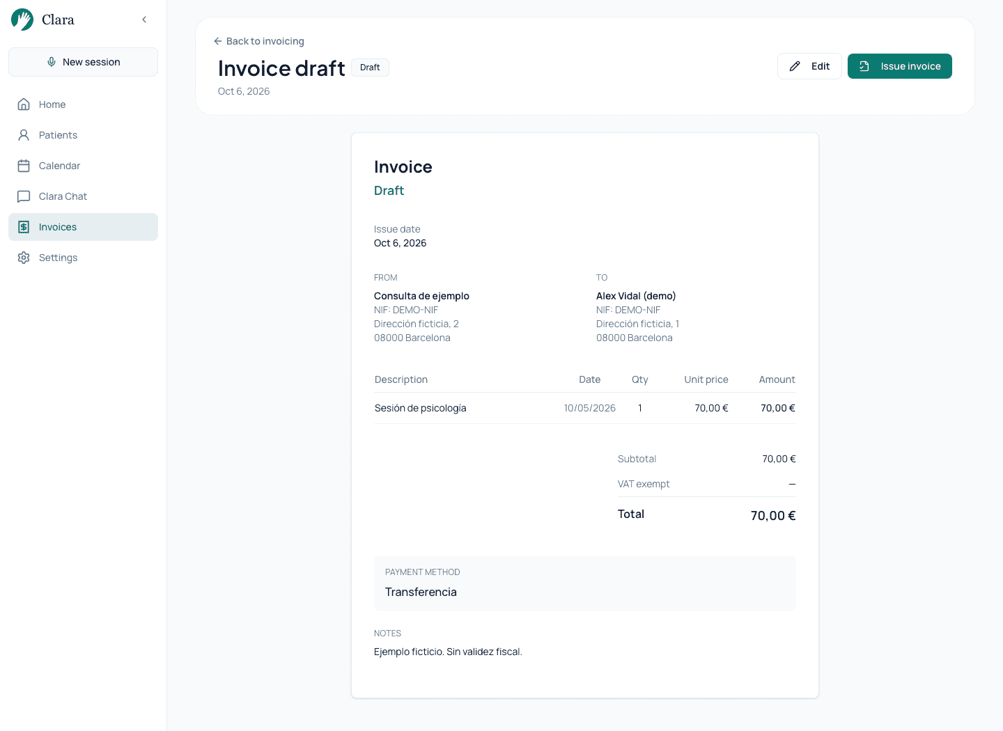 Reviewing a fictional 70-euro invoice draft in Clara.